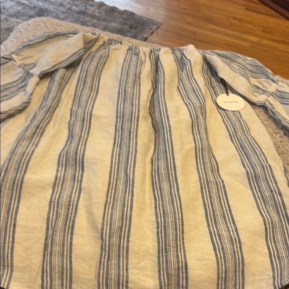 Tularosa Blouse Womens Large Blue White Striped NWT Imperfect Boho Tassel Top